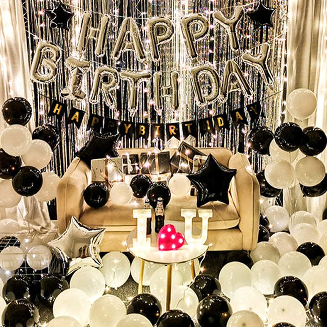 HK balloons Pack of 62 Silver Foil Happy Birthday decoration with LED birthday decoration Combo Set for Birthday Decoration Party Supplies with Fairly LED Lights