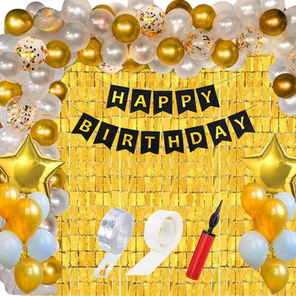 HK balloons 63 pcs set birthday decoration items set Happy Birthday Banner balloon arch set with confetti balloon pump and square curtains Birthday Decorations Kit For Golden Themed Boy Girl husband