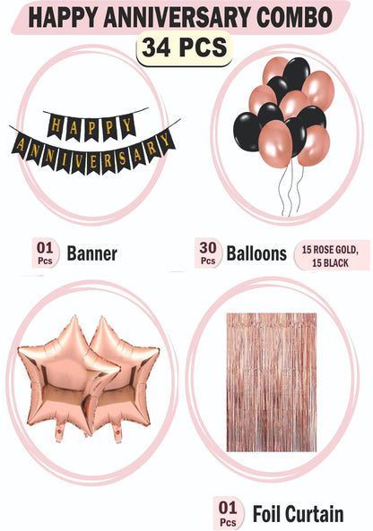 HK balloons Pack of 34 Pcs Happy Anniversary Banner Decoration Kit Set with metallic balloons curtains & Foil balloon for anniversary decorations Item