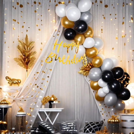 HK balloons 40 pcs Birthday decoration Item For Cabana Tent Happy Birthday decoration set With Net Curtain for Birthday Girl, Women, Husband, Boy Backdrop Decoration kit Set Combo