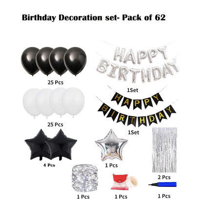 HK balloons Pack of 62 Silver Foil Happy Birthday decoration with LED birthday decoration Combo Set for Birthday Decoration Party Supplies with Fairly LED Lights