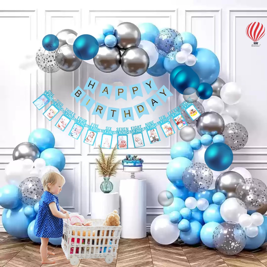 HK balloons  59 Pcs 1St Happy Birthday Combo Set for Birthday Decoration With Silver Confetti , Birthday Party Supplies Blue-Themed Birthday Celebration.