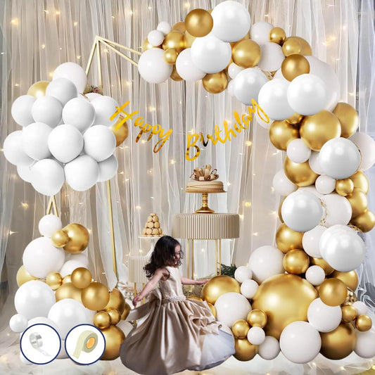 HK balloons 69 pcs Birthday decoration Item set with White Net Curtain cloth and Fairy Lights,Cabana Tent Birthday Decoration For A Gold White themed Birthday Decoration Kit Combo