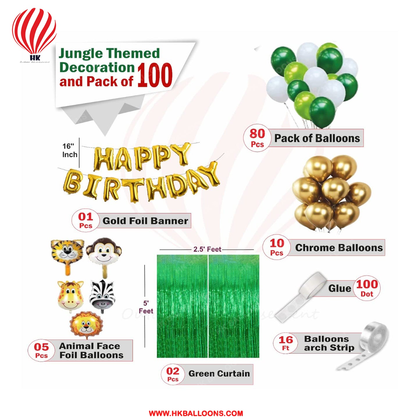 HK balloons Pack of 100 Pcs Jungle theme Birthday Party Decorations items For boys Forest Theme Happy Birthday Foil balloons Animal Face Foil, Chrome Balloons for theme birthday party