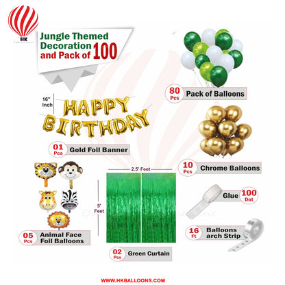 HK balloons Pack of 100 Pcs Jungle theme Birthday Party Decorations items For boys Forest Theme Happy Birthday Foil balloons Animal Face Foil, Chrome Balloons for theme birthday party