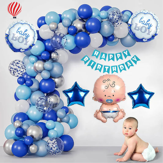 HK balloons Blue theme Birthday decoration items with baby foil balloon set- 72 Items