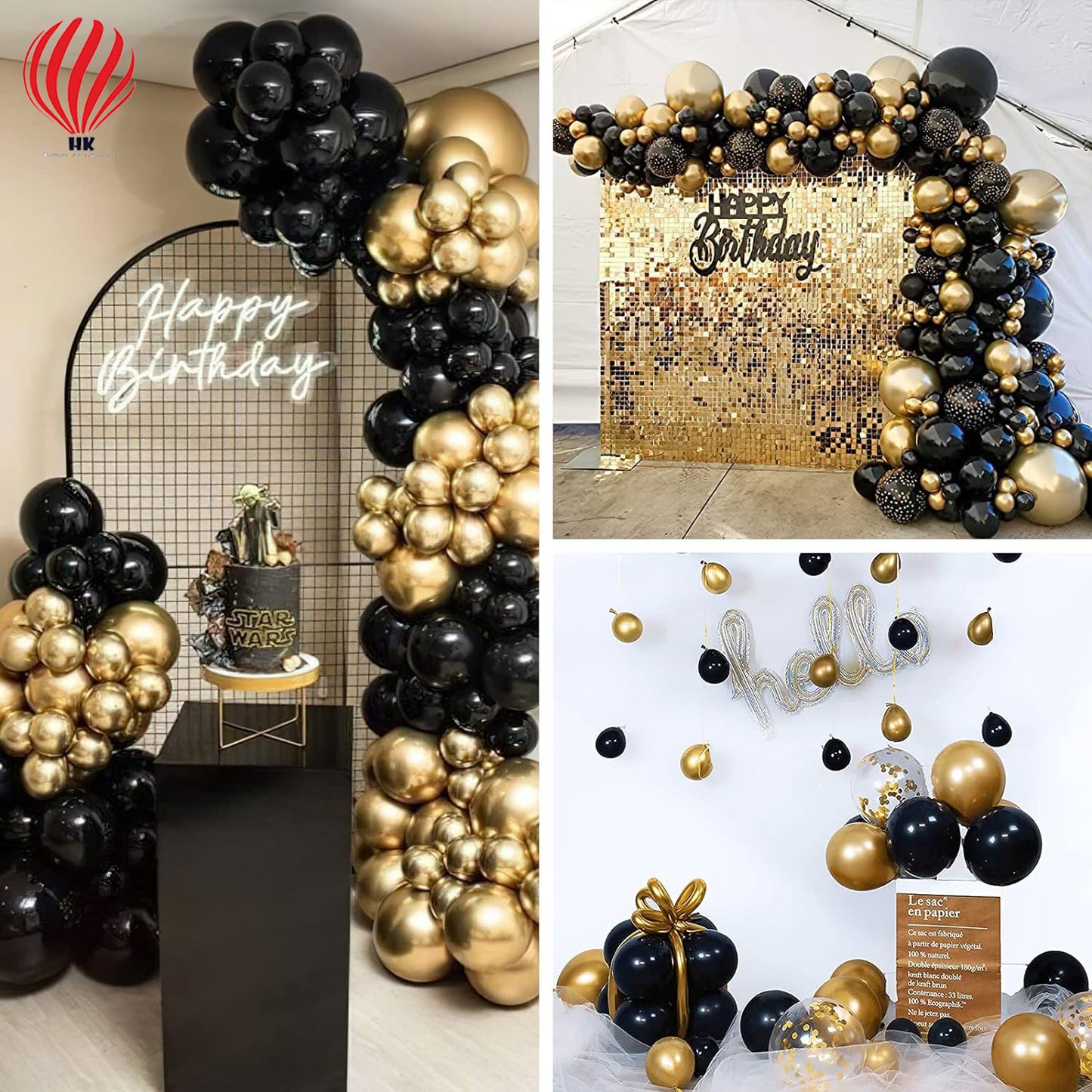 HK balloons Black & golden metallic birthday decor Kit