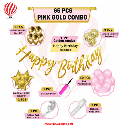 HK Balloons 65 pc Pastel Pink Birthday balloon Decoration Kit Pink Gold Balloons Combo with Birthday Card Stock Paper Banner, balloon Arch stirp, Glue Dot, Balloon Pump for girls Birthday Decorations