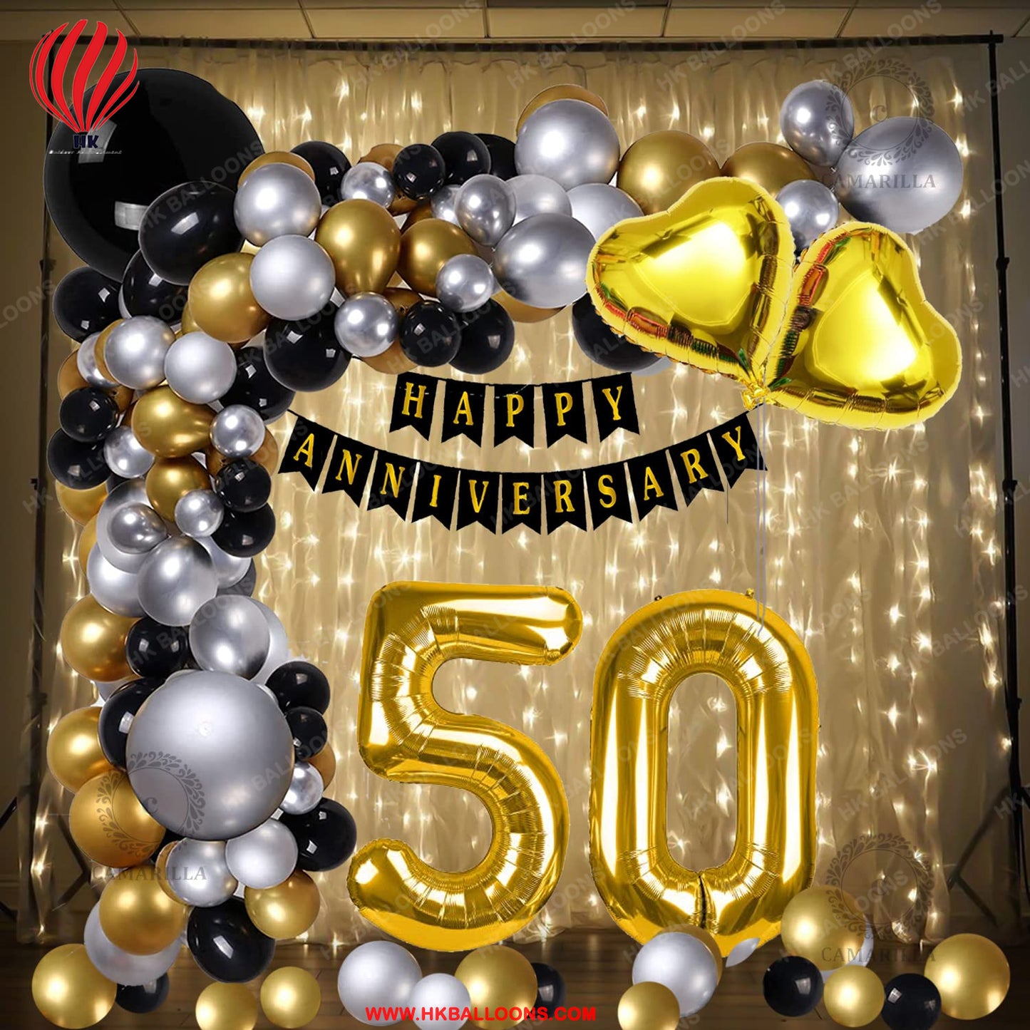 HK-balloons-50th Anniversary Decoration Items Kit for Home /Golden Jubilee Decor for Parents Couples /Happy Anniversary Bunting Banner, Golden and Silver Metallic Balloons, Heart Foil(Pack of 50pcs)