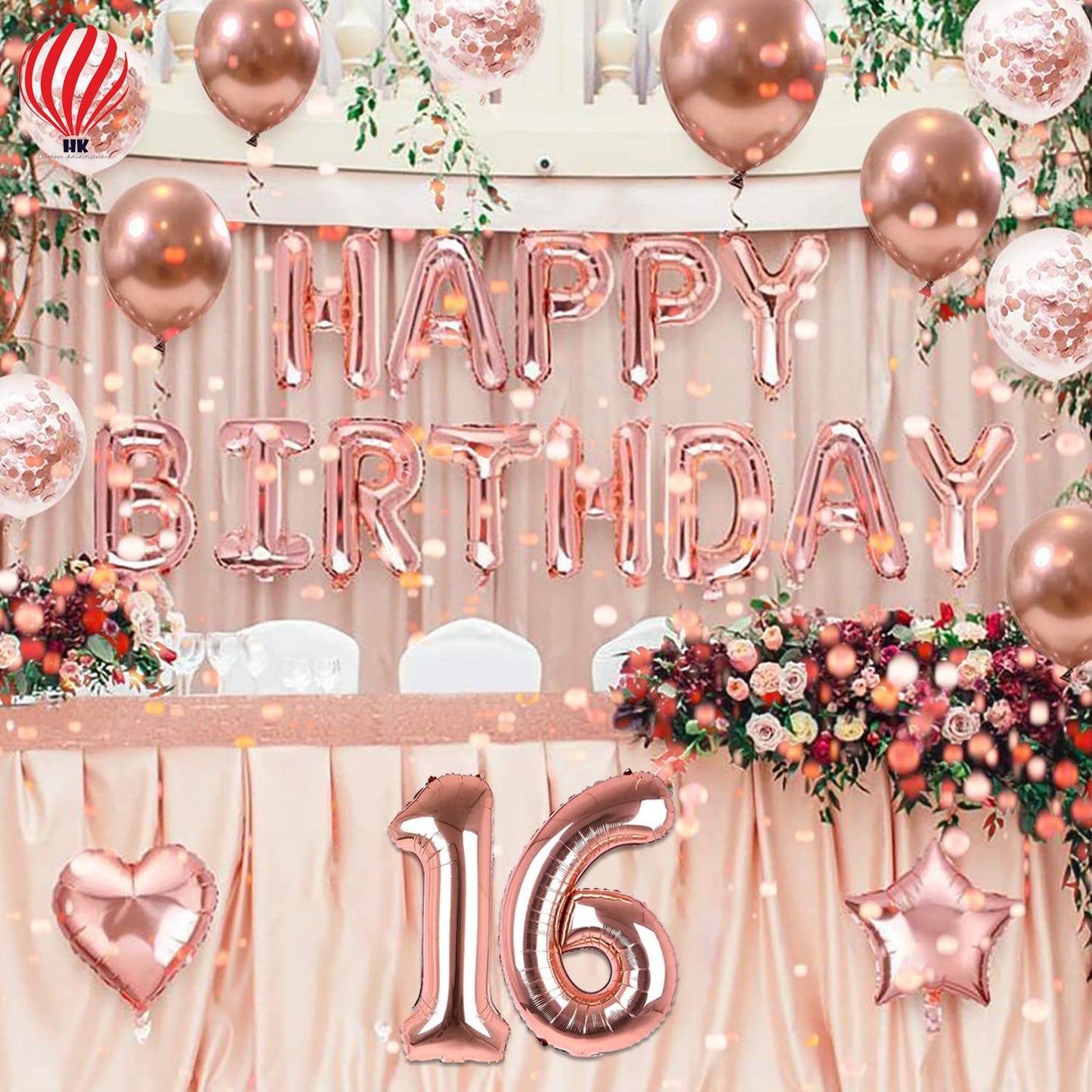 HK balloons 16 Birthday Decoration For Girls - 6 Number, Confetti, Star & Heart Foil Balloons & Metallic Balloon Combo Set | Birthday Decoration Items 16 Year Girl | Sweet 16 Birthday Decoration