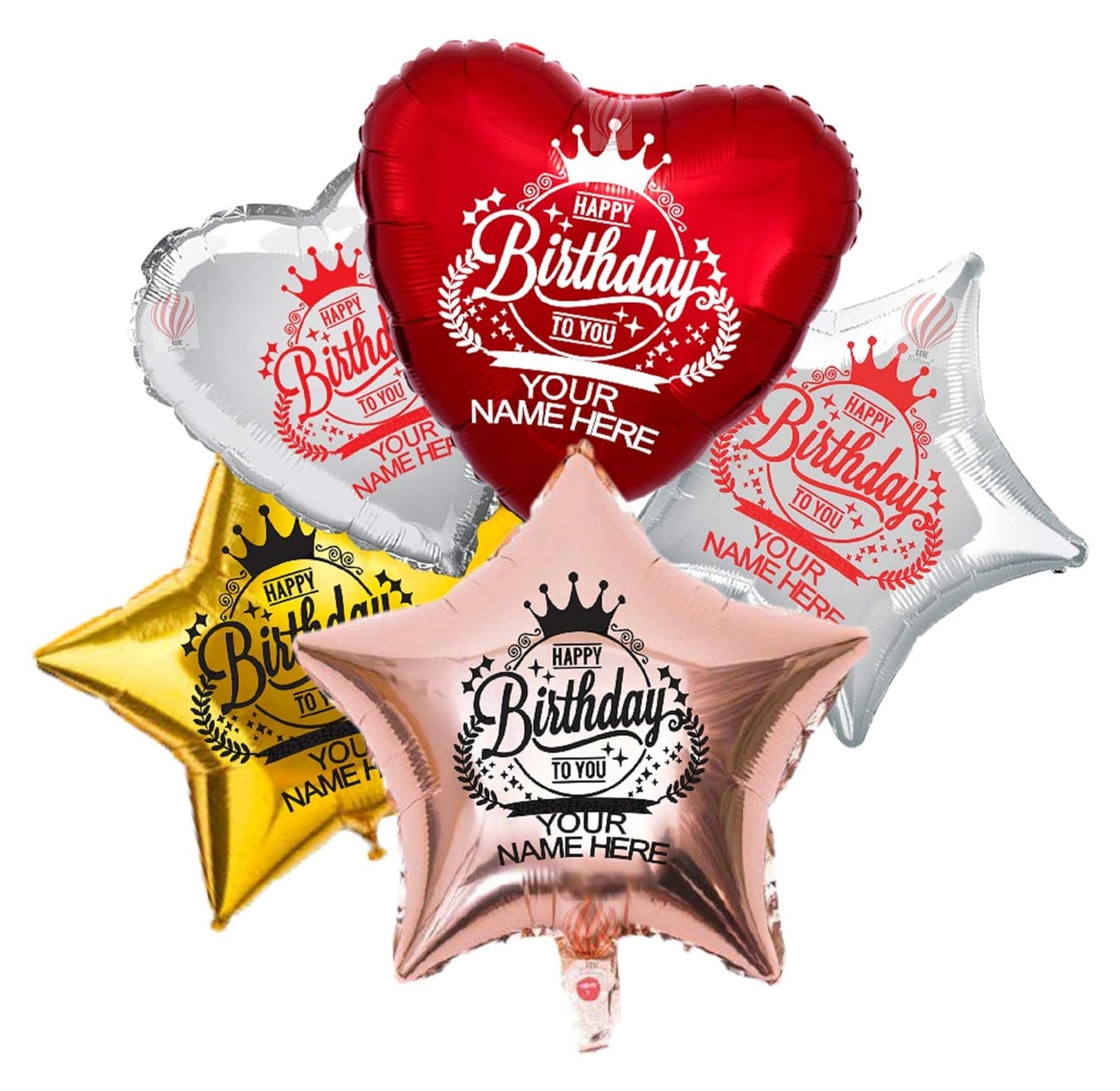 HK Balloons Multicolored Personalized/Customized Name Printed Birthday Party balloons with Birthday Boy/Girl Name (Pack of 5) (MIX Heart & Star Foil)