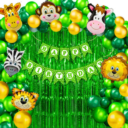 HK balloons Pack of 56 Pcs Jungle theme Birthday Party Decorations items For boys Forest Theme Happy Birthday Foil balloons Animal Face Foil, Chrome Balloons for theme birthday party (Pack of 56)