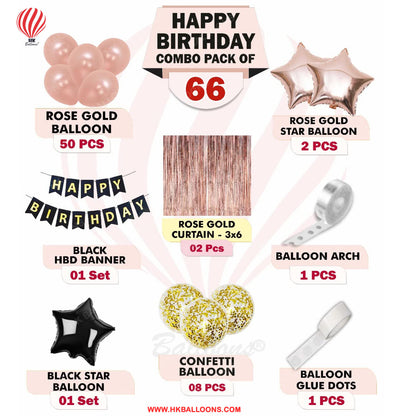 HK balloons Pack of 66 Pcs Rose gold Happy Birthday Banner Decoration items Kit Set with metallic balloons confetti ,star foil balloons and foil curtains for girls boys