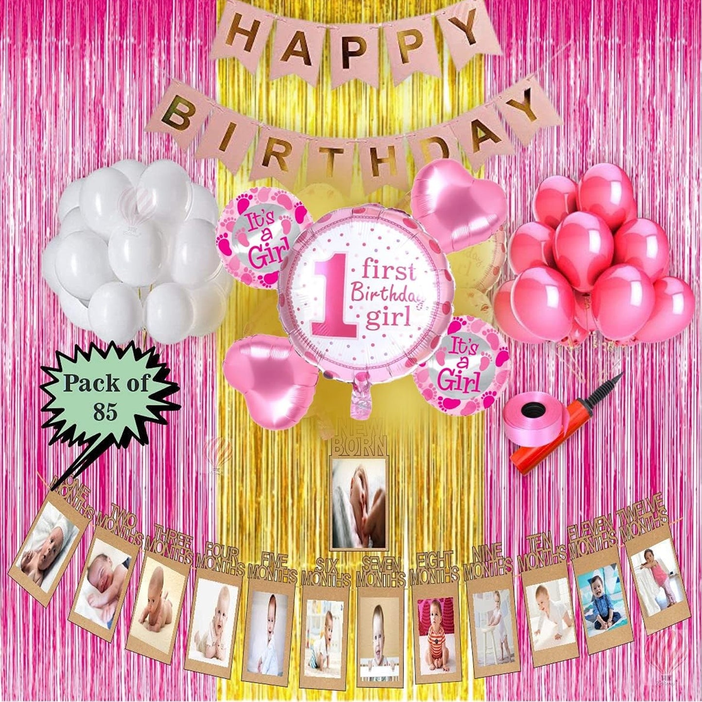 HK Balloons 85 Pcs 1St Happy Birthday Decoration Item Set for Birthday Decoration / Birthday Party Supplies Pink Themed Birthday Celebration Kit For Kids